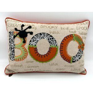 Pier 1 Halloween BOO Applique Embroidered Letters Spider Webs Word Art Pillow